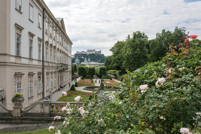 Mirabell Gardens in Salzburg with Hohensalzburg Fortress beyond