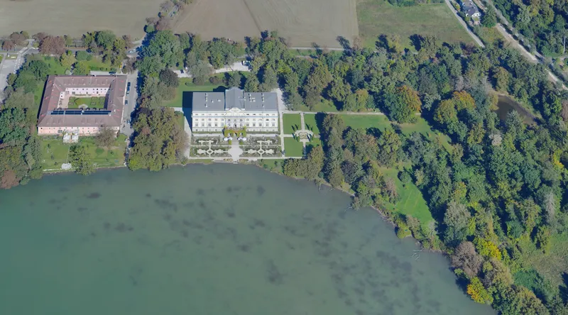 An aerial view of Schloss Leopoldskron and its lake near Salzburg