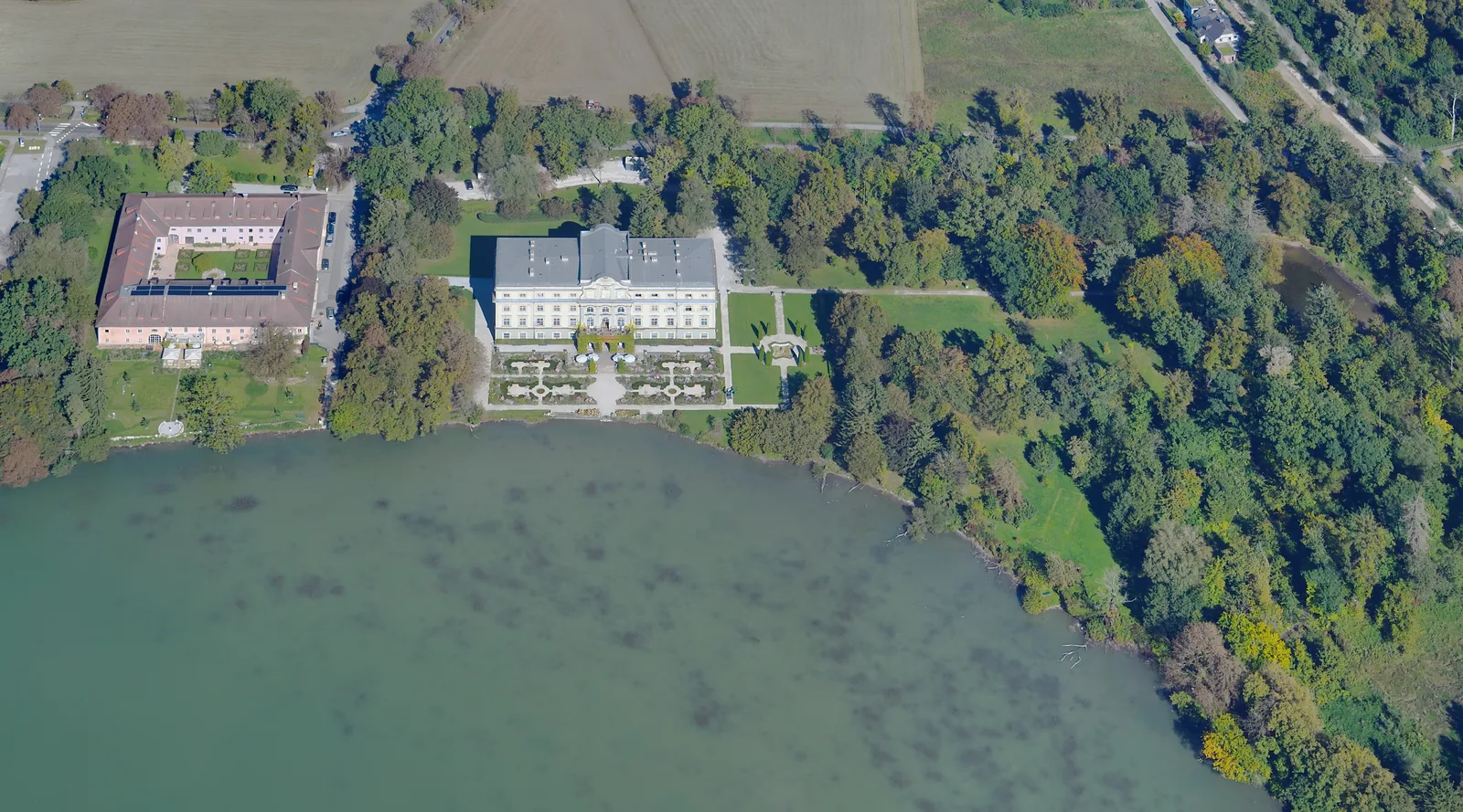 An aerial view of Schloss Leopoldskron and its lake near Salzburg