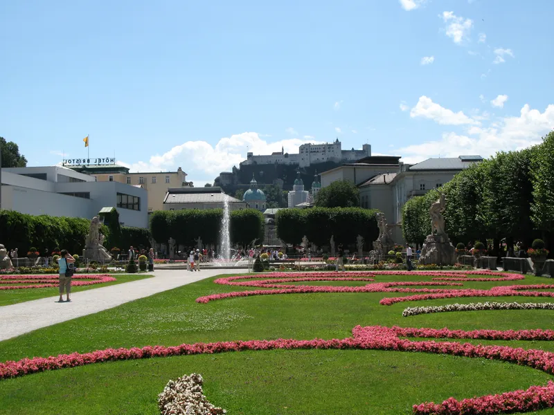 The Mirabell Gardens parterre with Hohensalzburg Fortress on the skyline